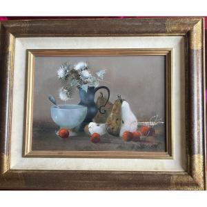 Tableau nature morte au bol et aux chardons peinture huile signée Bernard Louedin