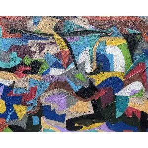Tableau composition géométrique peinture signée Robert Meyer