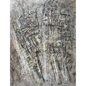 Tableau abstrait collage peinture signée et datée au dos 
