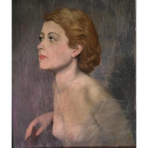 Art Deco Painting Of A Redheaded Woman, Signed By Emmanuel Aubain (1872–1965)