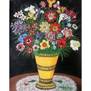 Tableau école naïve française bouquet de fleurs peinture signée André Demonchy  1914-2003