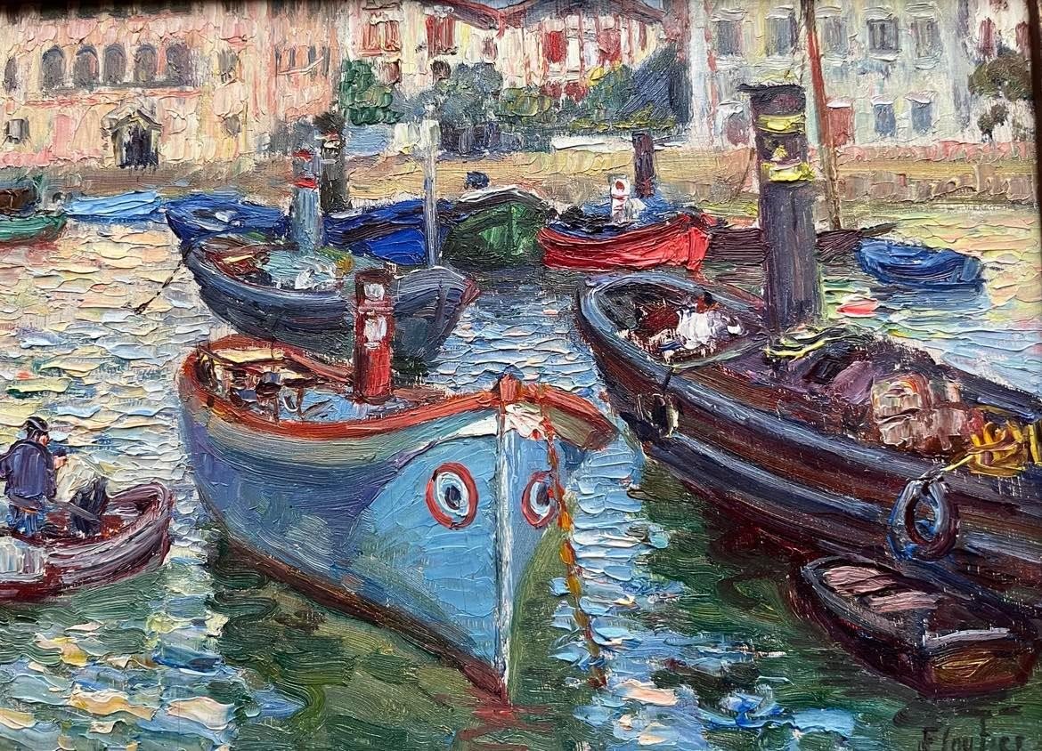 Louis Floutier (1882-1936) "Vapeurs à Saint Jean de Luz" Huile/panneau Sbd 27x18 Cms