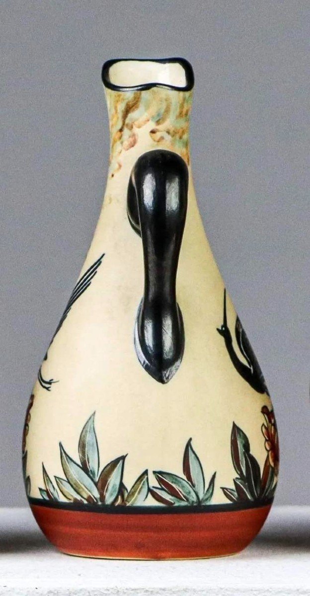 Ciboure, Rare Pitcher Decorated With Birds, "very Chic", Fischer Period, H: 17cms-photo-2