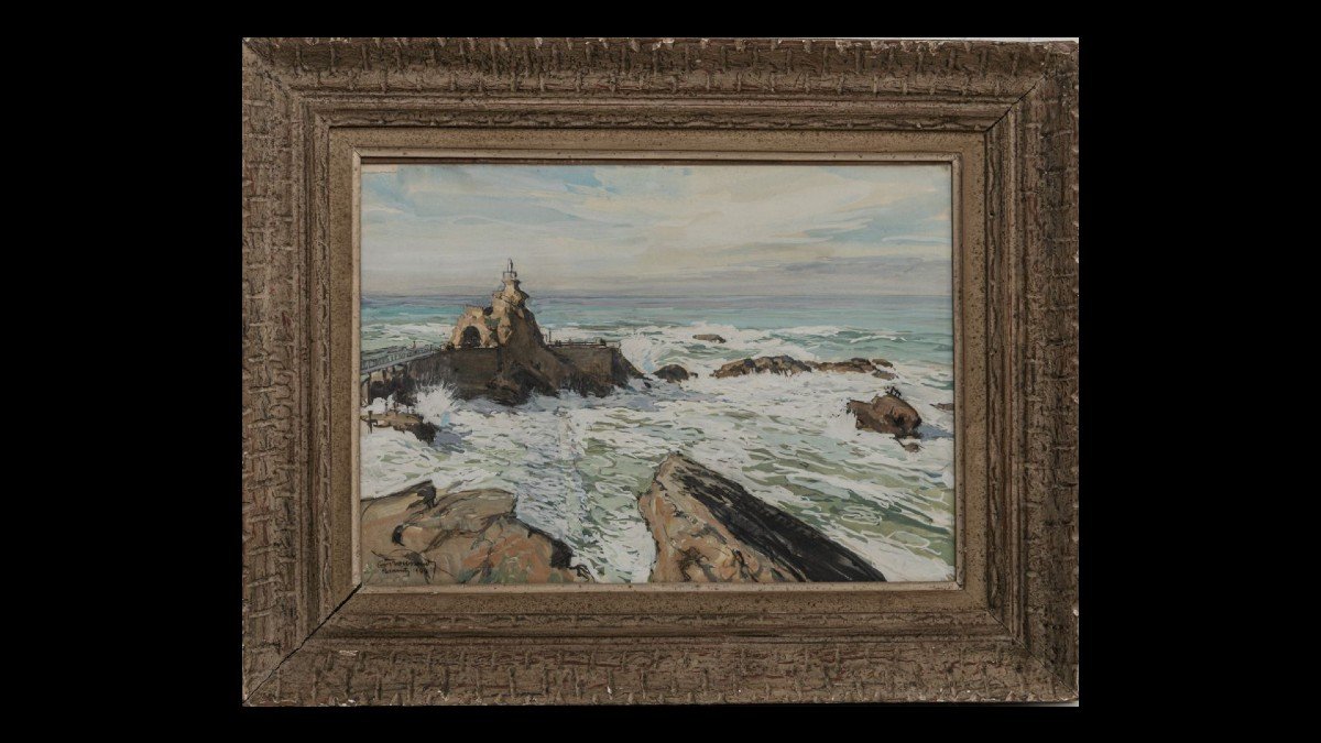 Georges Troussard (1896 - 1953), The Rock Of The Virgin In Biarritz, Gouache/charcoal 45x31