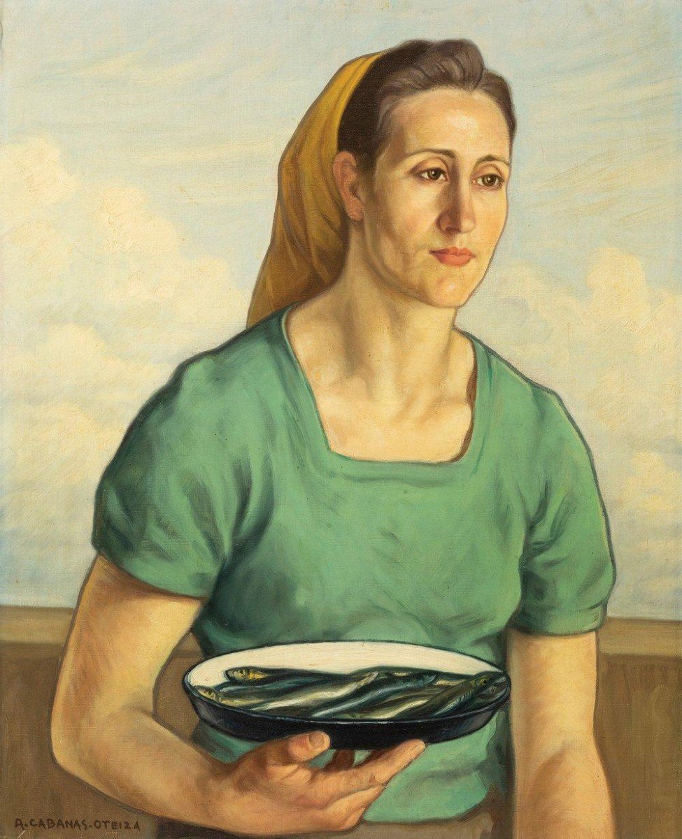 Angel Cabanas Oteiza (1883-1964) "basque Fisherwoman" Oil / Canvas Signed Lower Left 49 X 59 
