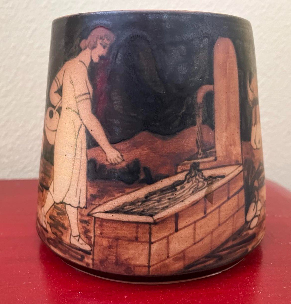Ciboure, Basque Stoneware, Vase With Couple And Oxen, Mountain Decor, Vilotte Period, H:13, D:11-photo-2