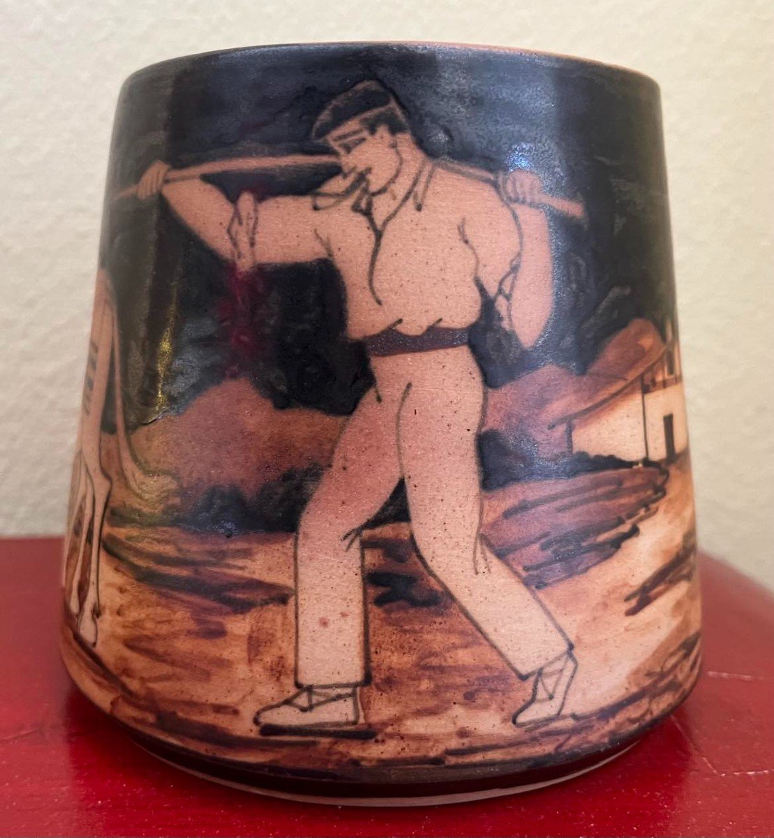 Ciboure, Basque Stoneware, Vase With Couple And Oxen, Mountain Decor, Vilotte Period, H:13, D:11