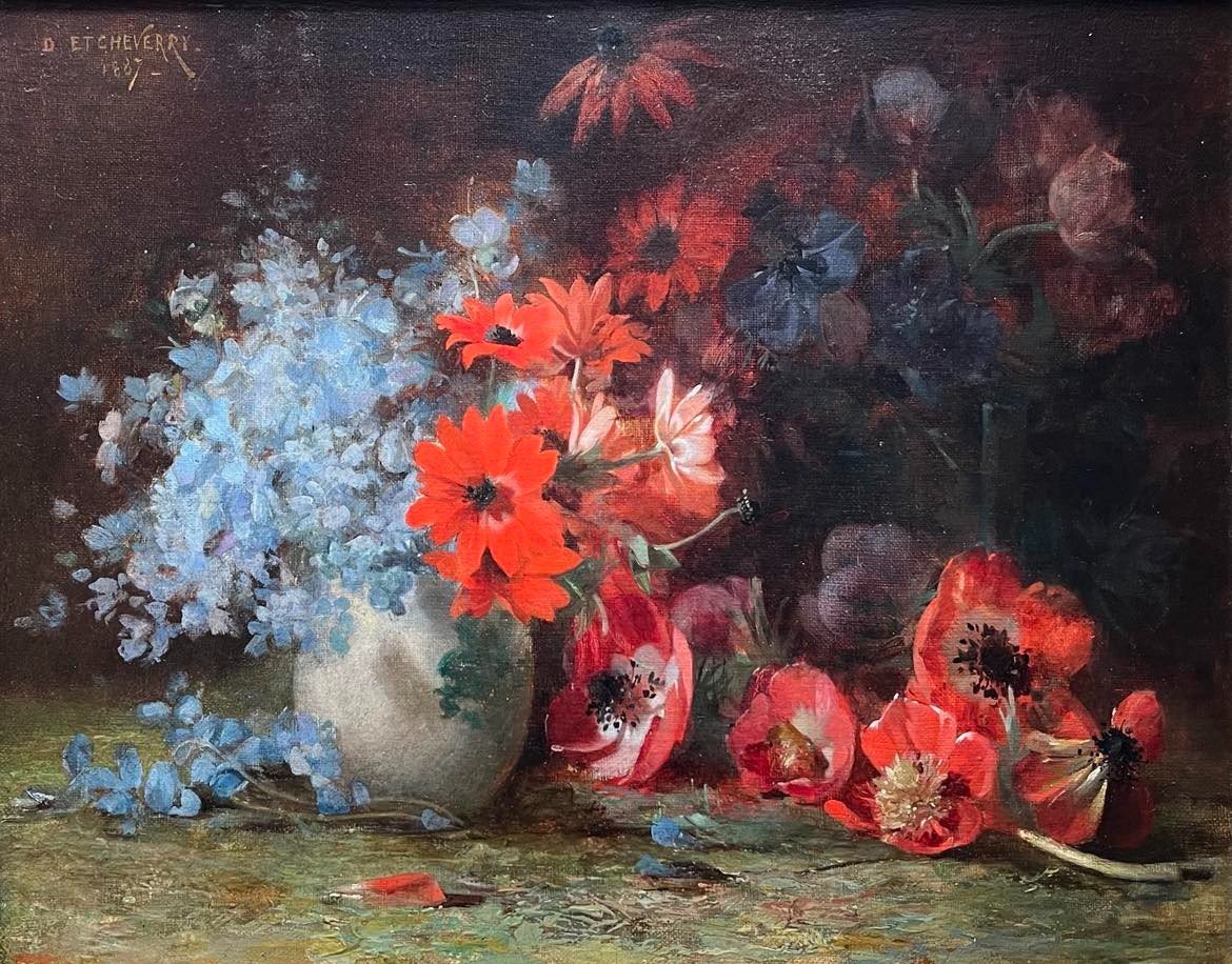 Denis Etcheverry (1867-1952) - Bayonne Pays basque "Bouquet de fleurs" HST signée 1887 40x32 cm