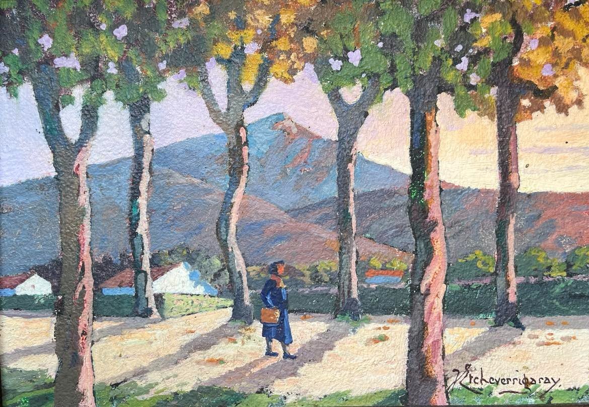 Jean Etcheverrigaray (1877-1952) "La Rhune depuis Urrugne, pays basque" HSP signée 19 x 27 cm