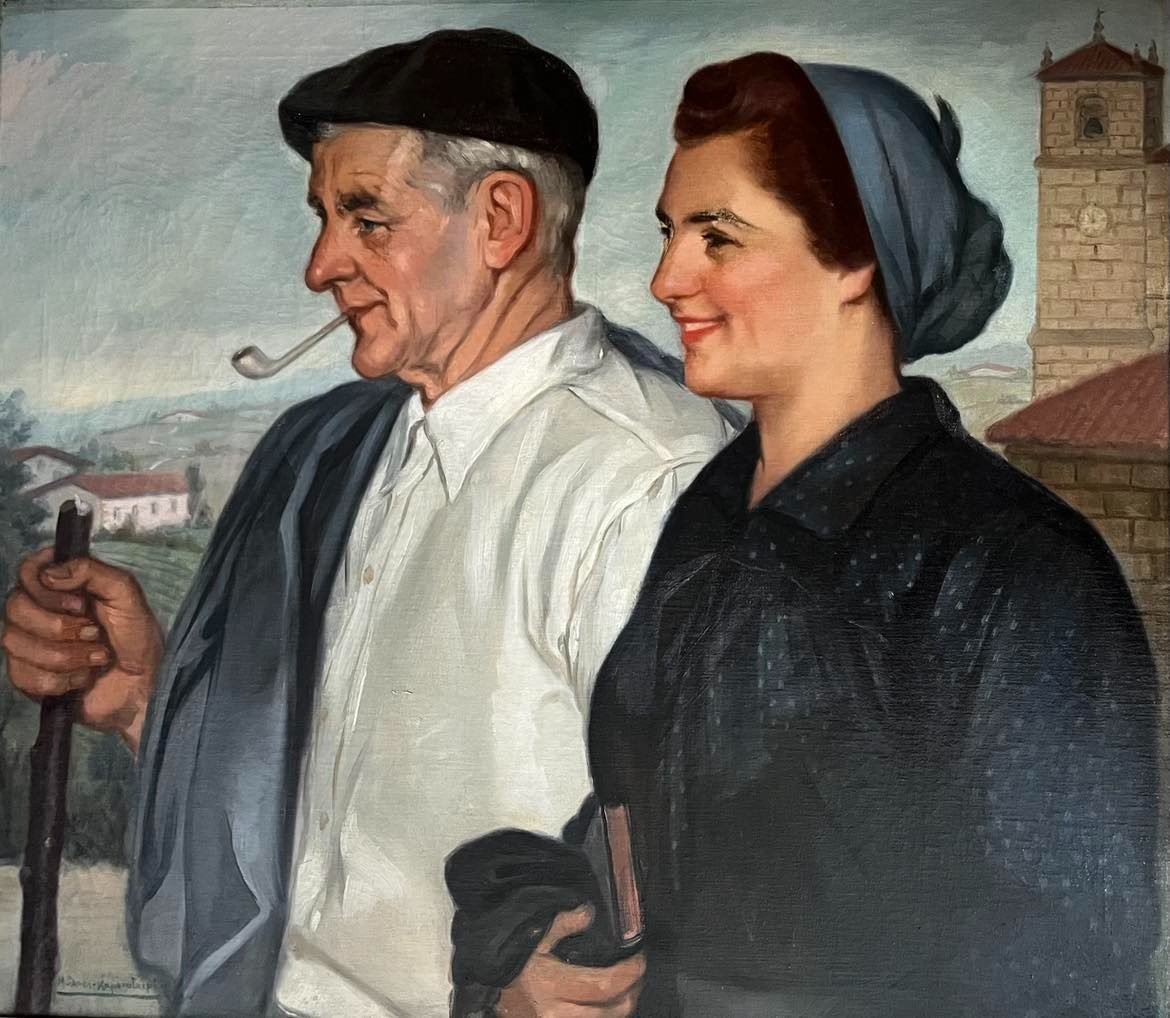 Mauricio-Flores Kaperotxipi (1901-1997) "Sortie d'église au pays basque" HST signée 70x80 cm
