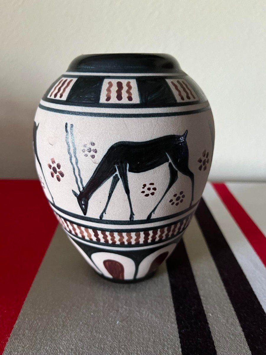 Ciboure, Basque Stoneware, Vase With Antelope Decor, Rf Stamp, Signed Garcia De Diego, H: 15.5 Cm
