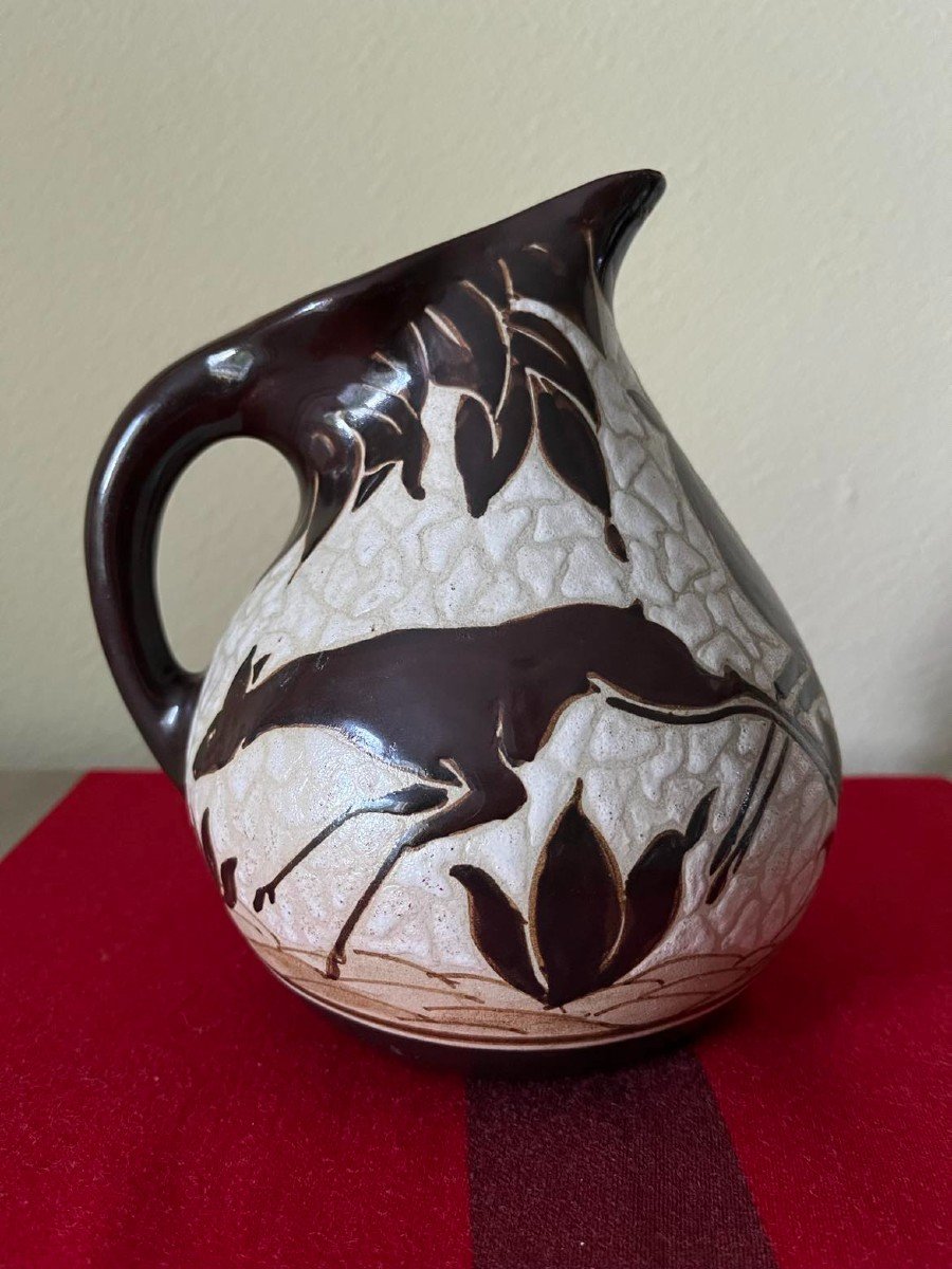 Ciboure, Basque Stoneware, Pitcher Decorated With Deer, Rf Stamp, Signed R. Le Coronne, H: 17 Cms-photo-2