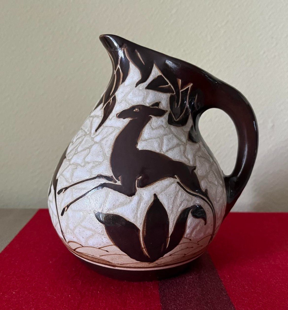 Ciboure, Basque Stoneware, Pitcher Decorated With Deer, Rf Stamp, Signed R. Le Coronne, H: 17 Cms
