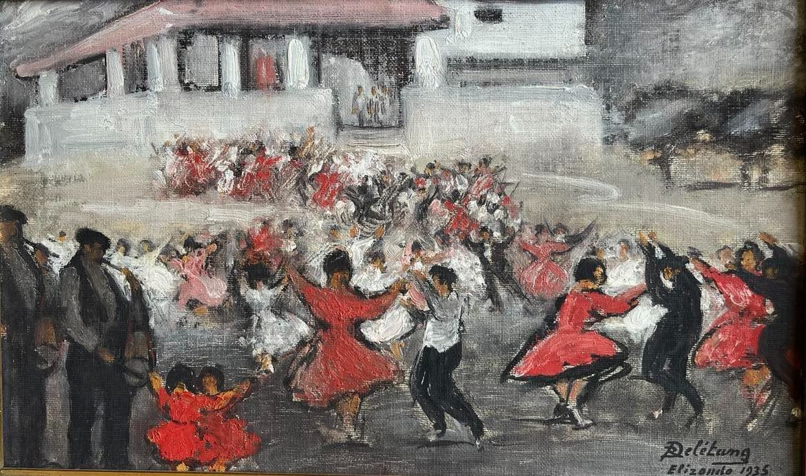 Robert-Adrien Deletang (1874-1951) "Fête au Pays basque" HST (1935) située à Elizando 36x22 cm