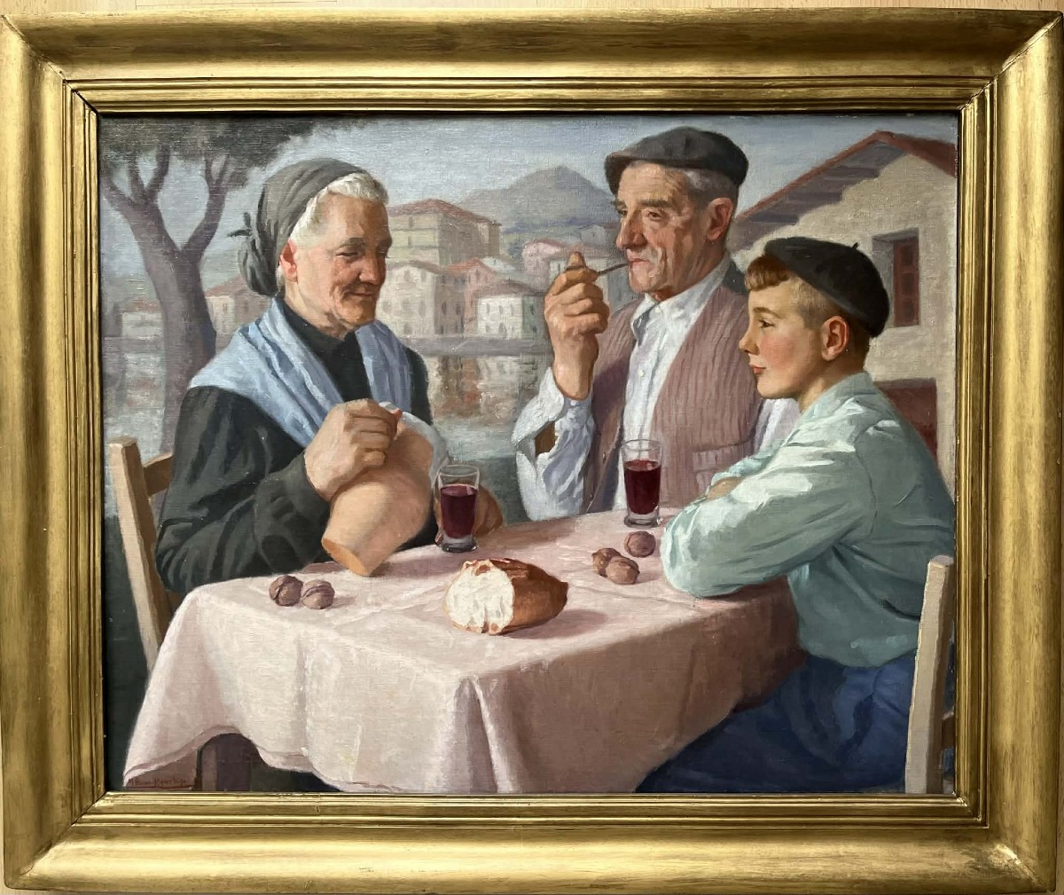 Mauricio-Flores Kaperotxipi (1901-1997) "Repas en famille - Pays basque" HST signée 65x80 cm-photo-2