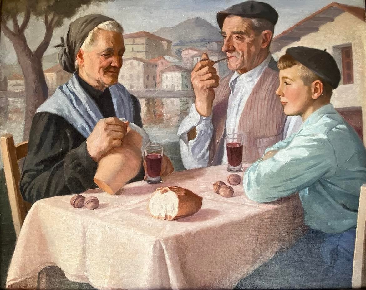 Mauricio-flores Kaperotxipi (1901-1997) "family Meal Basque Country" Oil/canvas Signed 65x80 Cm