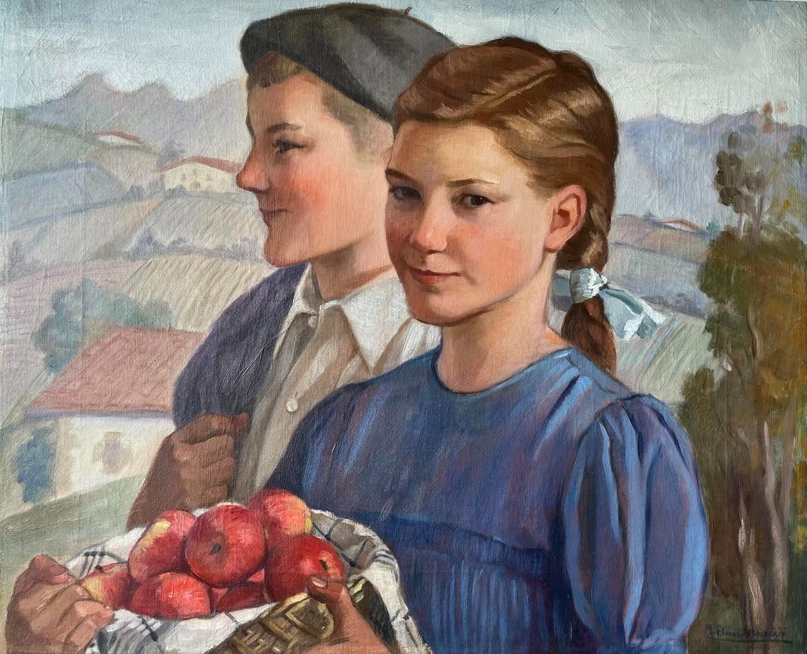 Mauricio-flores Kaperotxipi "the Little Basque Children" Oil On Canvas Signed 60x50 Cm