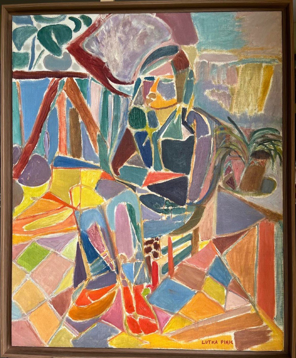 Lutka Pink (1906 Varsovie-1998 New York) "Femme sur la terrasse" Huile sur toile signée 101x81 -photo-2
