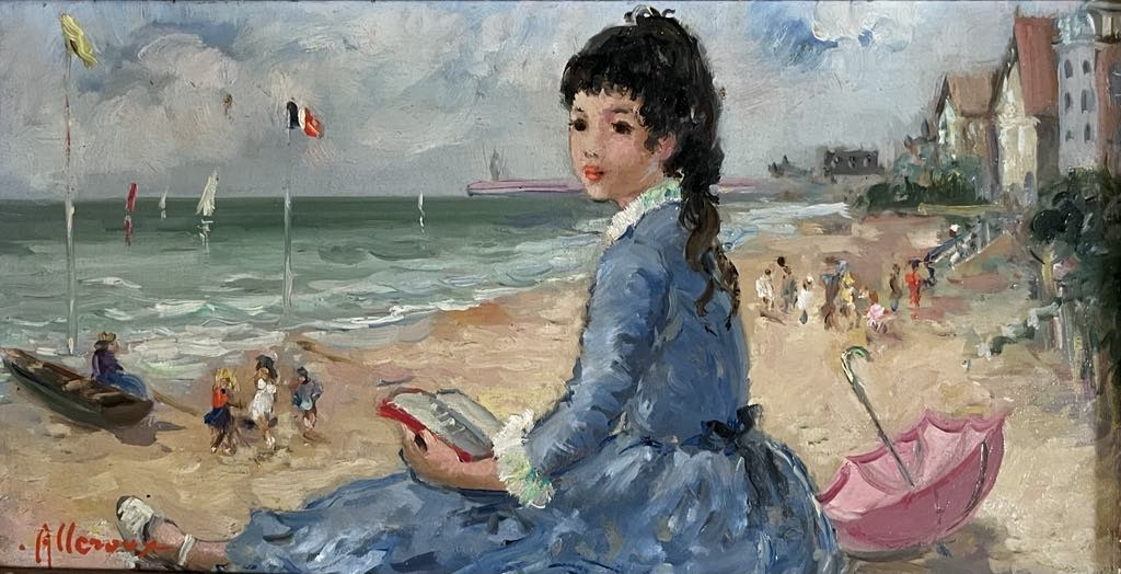 Jean ALLEROUX (XXe siècle)  "Elégante lisant sur la plage " Huile sur isorel signée 15x28 cm 
