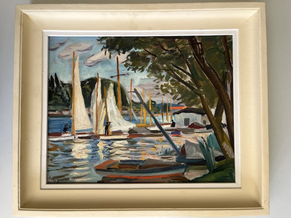 Georges De Sonneville (1889–1978) Sailboats In Front Of The Hill On The Garonne Circa 1920-hst 32x40-photo-3