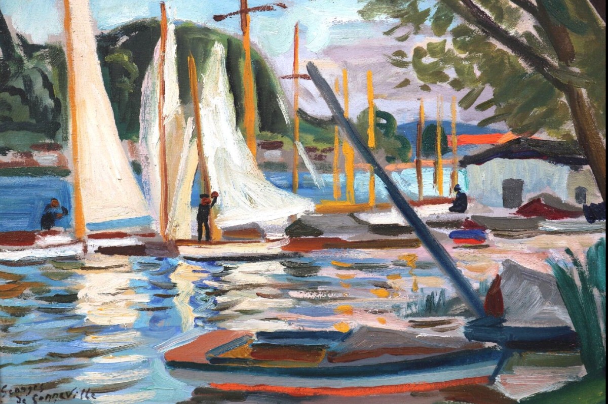 Georges De Sonneville (1889–1978) Sailboats In Front Of The Hill On The Garonne Circa 1920-hst 32x40