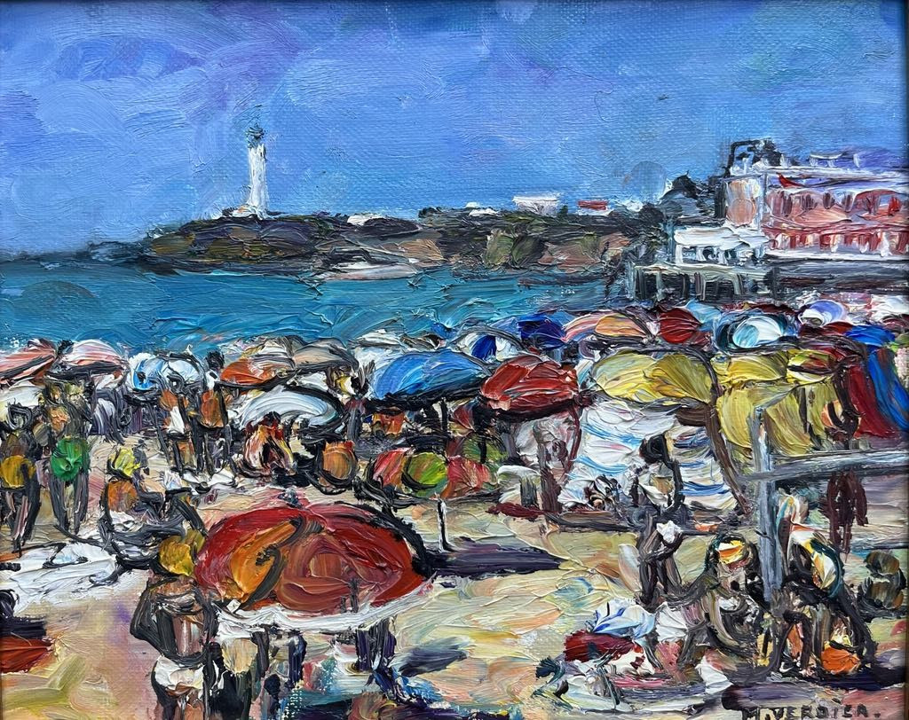 Maurice VERDIER (1919 – 2003) «  La Grande Plage à Biarritz » Pays basque - HST signée 22x27 cm