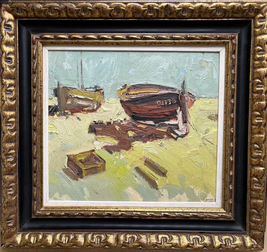 Andrés Rozas Vilar (spain, 20th Century) "barcos". Signed Oil On Panel 32,5 X 36 Cm