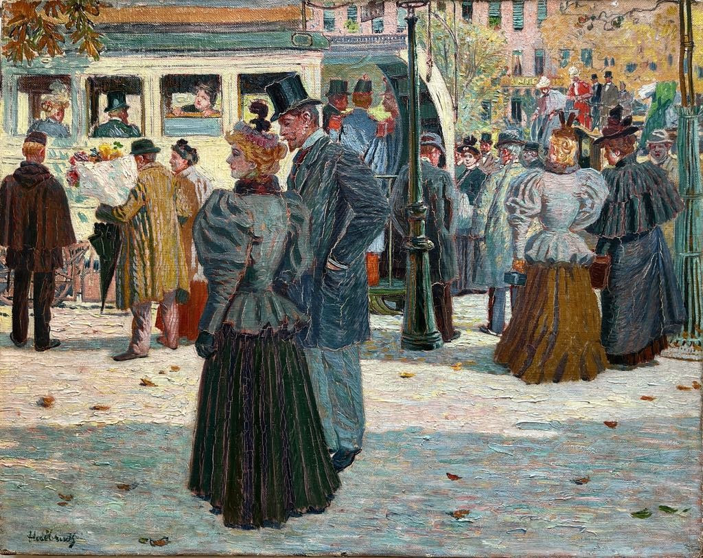 Oswald Heidbrinck (1852 – 1914) "lively Street Scene In Paris" Signed Oil On Canvas  33x41 Cm