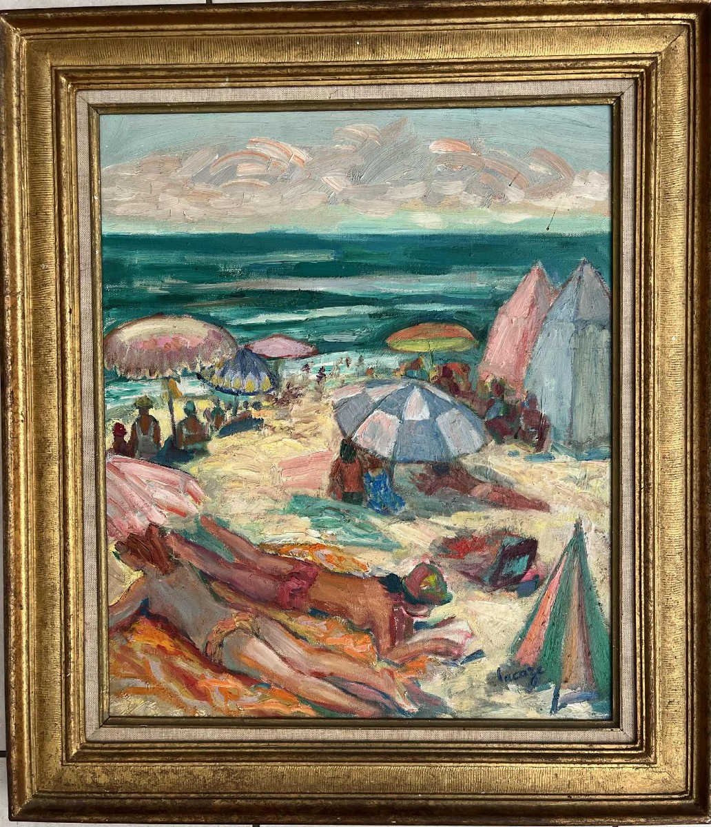 Germaine LACAZE (1908 – 1994)  "Plage de Pyla-sur-mer - Bassin d'Arcachon” (1984) HST 55x46 -photo-2