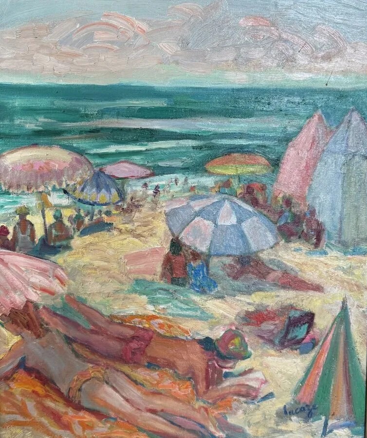 Germaine LACAZE (1908 – 1994)  "Plage de Pyla-sur-mer - Bassin d'Arcachon” (1984) HST 55x46 