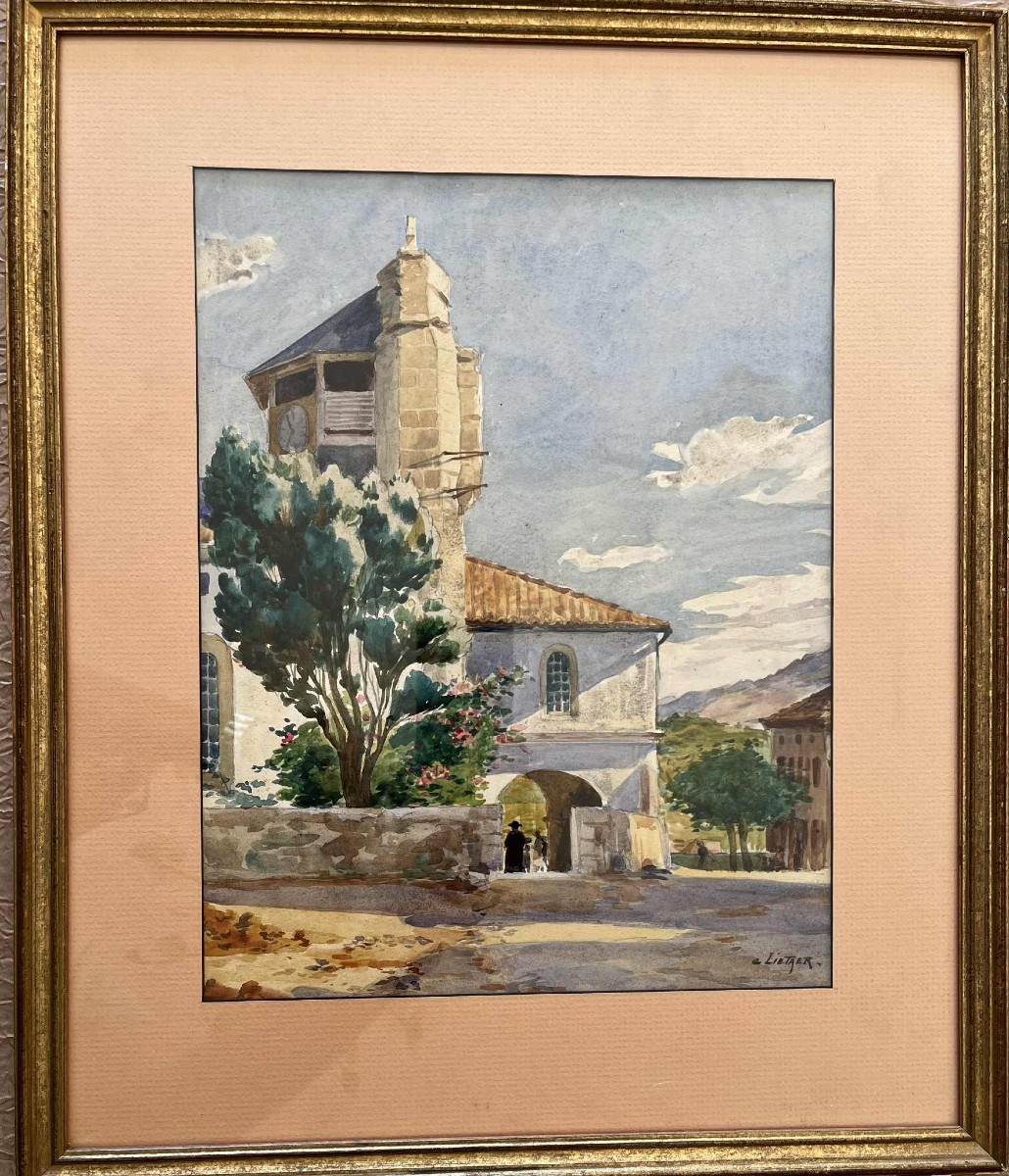 Célestin Lietaer (1874 –1951) “animated Church Of Bidart - Basque Country” Watercolor 31 X 24 Cm-photo-3
