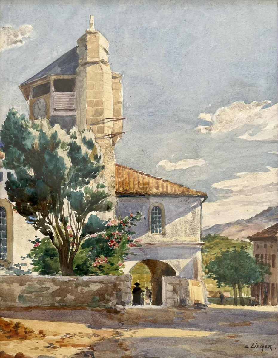 Célestin Lietaer (1874 –1951) “animated Church Of Bidart - Basque Country” Watercolor 31 X 24 Cm