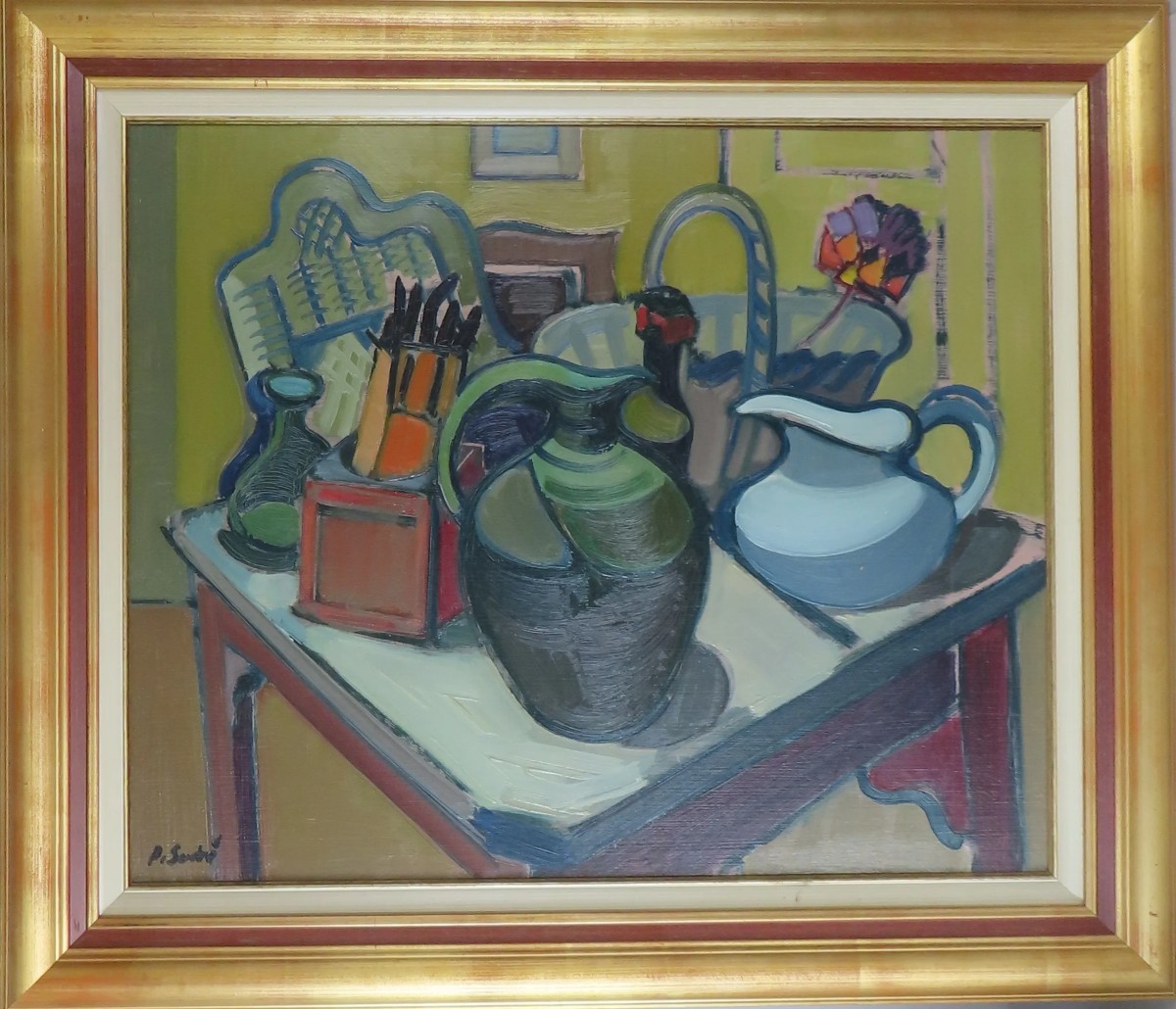 Pierre Sudré (1910 – 1976) - Painter From Bordeaux - "still Life With Brushes" Oil On Hardboard 59x73 -photo-2