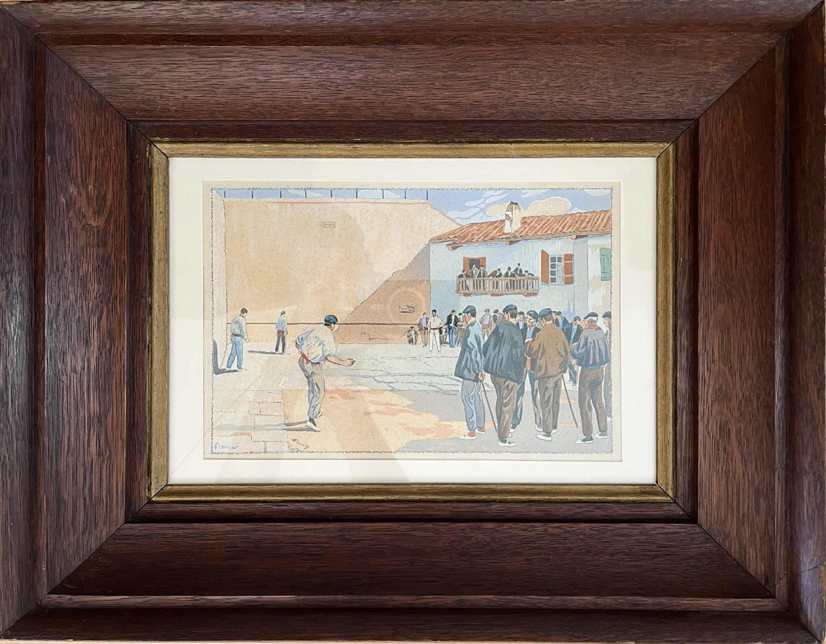 Louis FLOUTIER (1882 - 1936)  Partie de pelote - Pays basque - Gouache / pochoir 18 x 27,5  cm