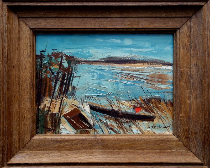 Gaston LARRIEU (1908 – 1983)  « Etang de Soustons (Landes) » HST SBD titrée au dos 24 x 33 cm-photo-2