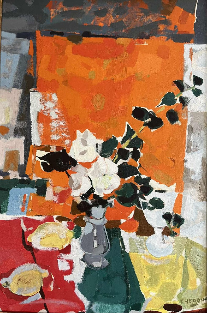 Pierre THERON (1918 – 2001) - Peintre Bordelais- "Les roses de Noël” (1967)  HST SBD 83 x 54 cm