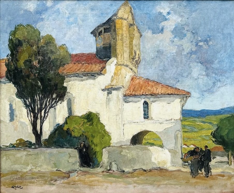 Georges Gobo (1876 – 1958) “animated View Of The Church Of Bidart” - Basque Country - Oil On Canvas, 54.5 X 65 Cm
