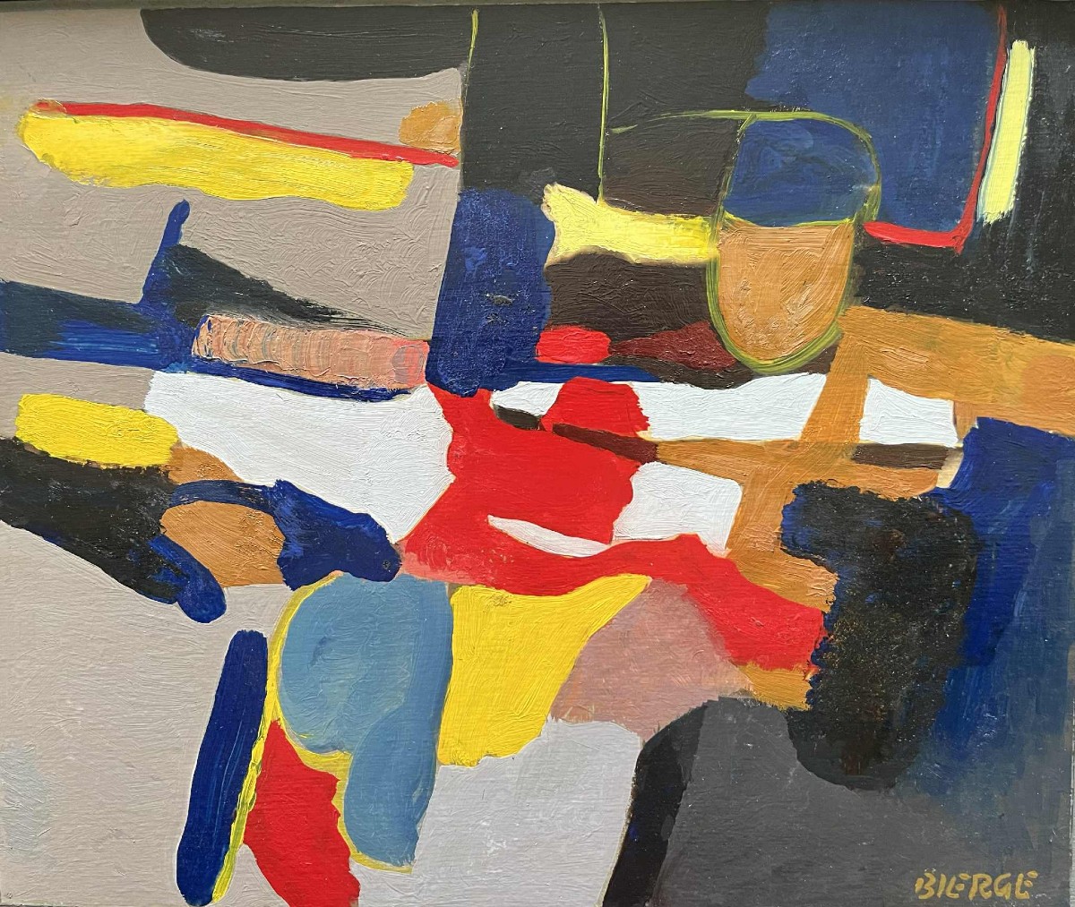 Roland BIERGE (1922 – 1991) - Composition du 16 mars 1976 Huile/papier/panneau 27x32 cm