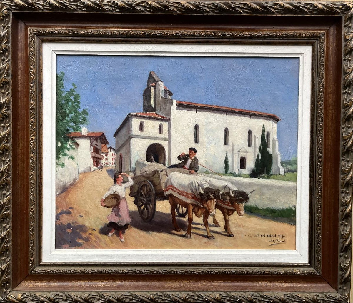 Léon Fauret (1863 – 1955) Ox-drawn Cart In Front Of The Church In Bidart, Basque Country, Hst Sbd, 33 X 41 -photo-4