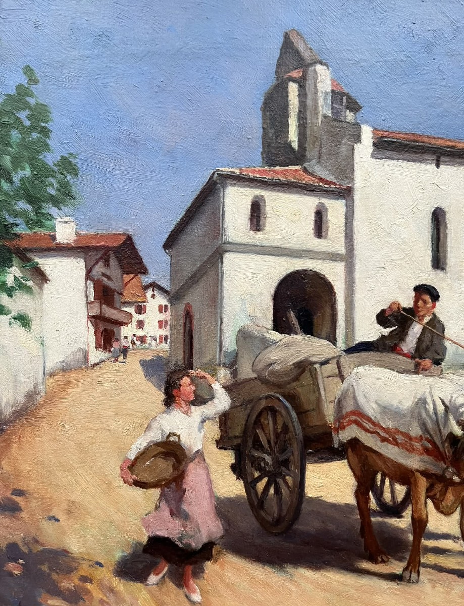 Léon Fauret (1863 – 1955) Ox-drawn Cart In Front Of The Church In Bidart, Basque Country, Hst Sbd, 33 X 41 -photo-2