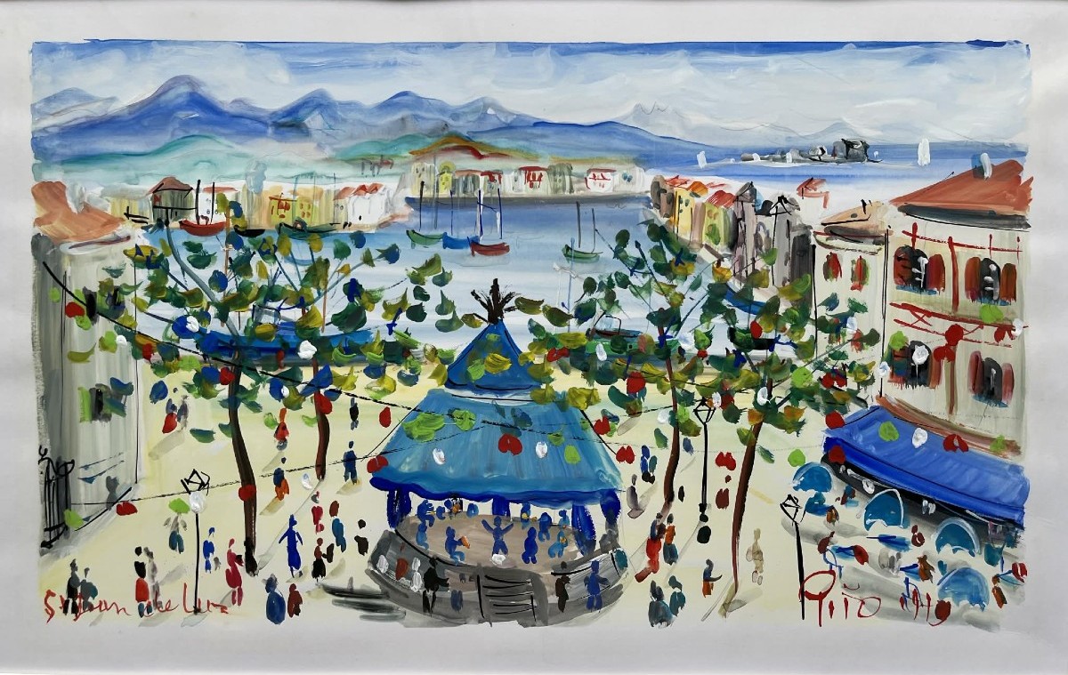 PITO (1924-2000)  Place Louis-XIV à Saint-Jean-de-Luz Pays basque  Gouache/aquarelle 34 x 55 cm