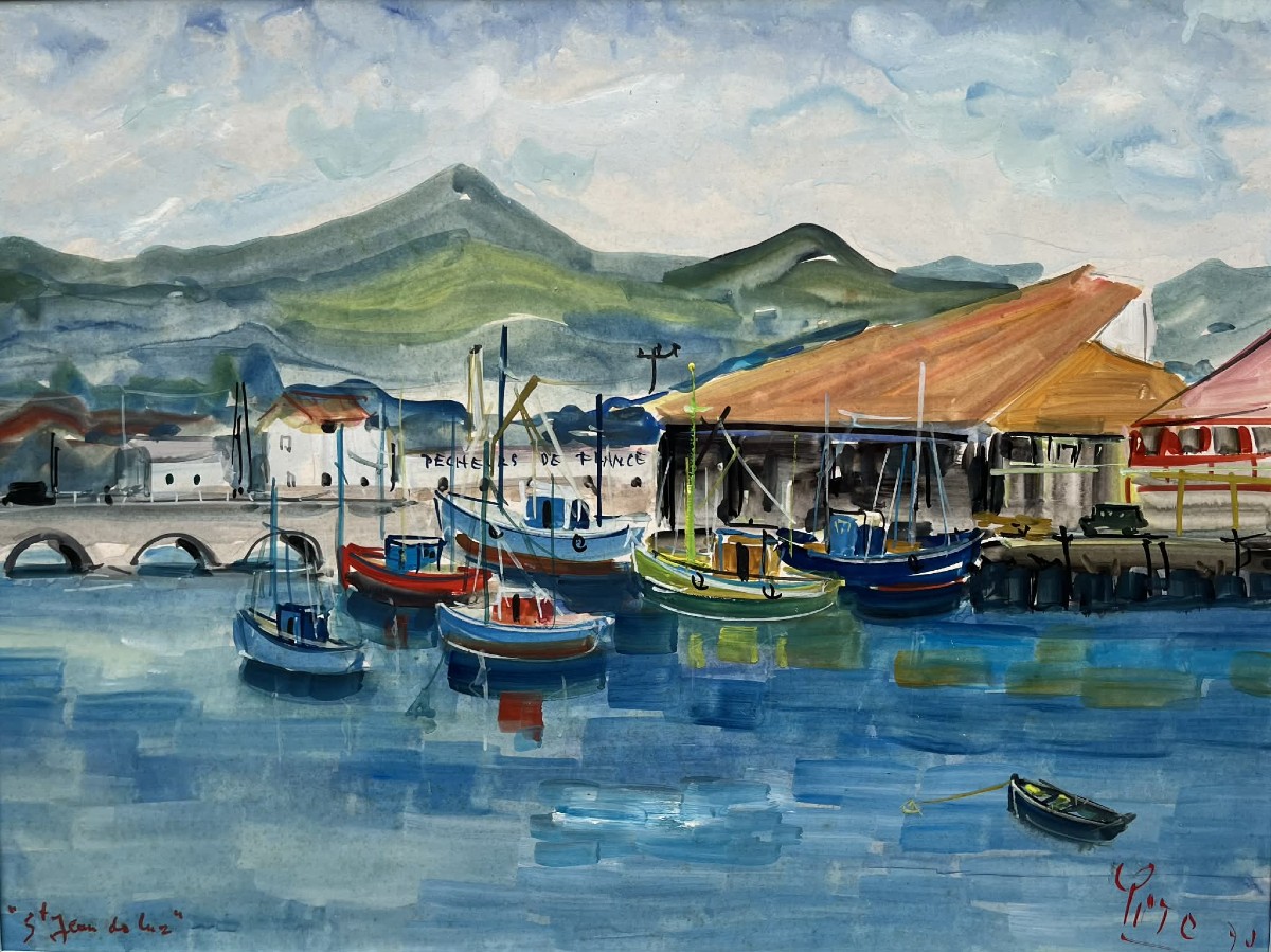 Pito (1924-2000) Port Of Saint-jean-de-luz, Basque Country - Gouache & Watercolour 38 X 51 Cm