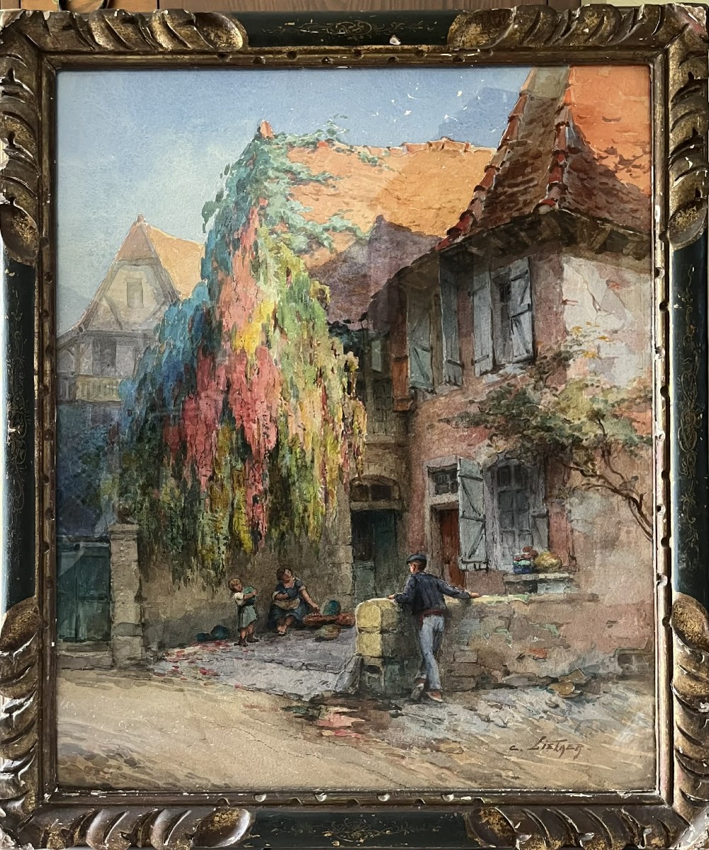 Célestin LIETAER (1874 – 1951) Rue de Salies Béarn Pays basque Aquarelle signée 64,5 x 53 cm