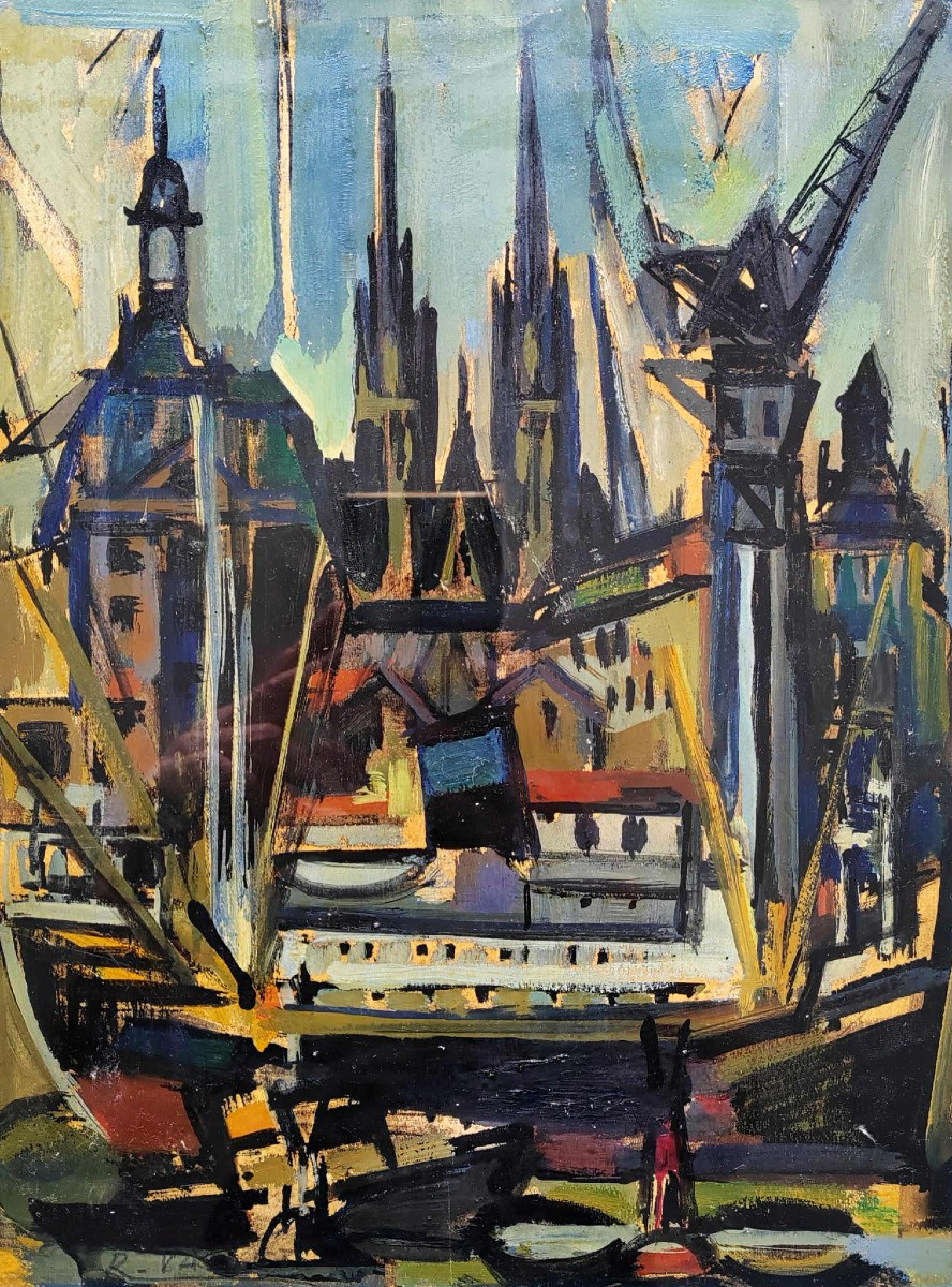 Charles - Robert VALLET (1907 – 1993)  "Bordeaux, les quais"   Huile/ papier signée 31 x 24 cm 