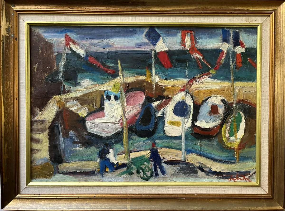 Jean Baudet (paris 1914 - Anglet 1989) "biarritz Harbour" Basque Country - Oil On Canvas 38x55 -photo-2