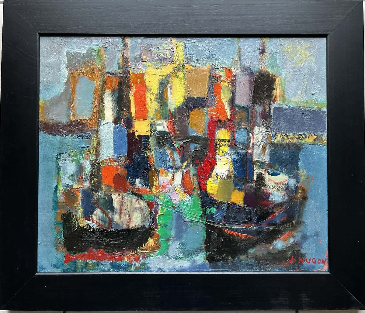 Jean HUGON (1919 – 1990) Peintre Bordelais Remorqueurs à La Rochelle (1963) HST SBD 50 x 61 cm-photo-2
