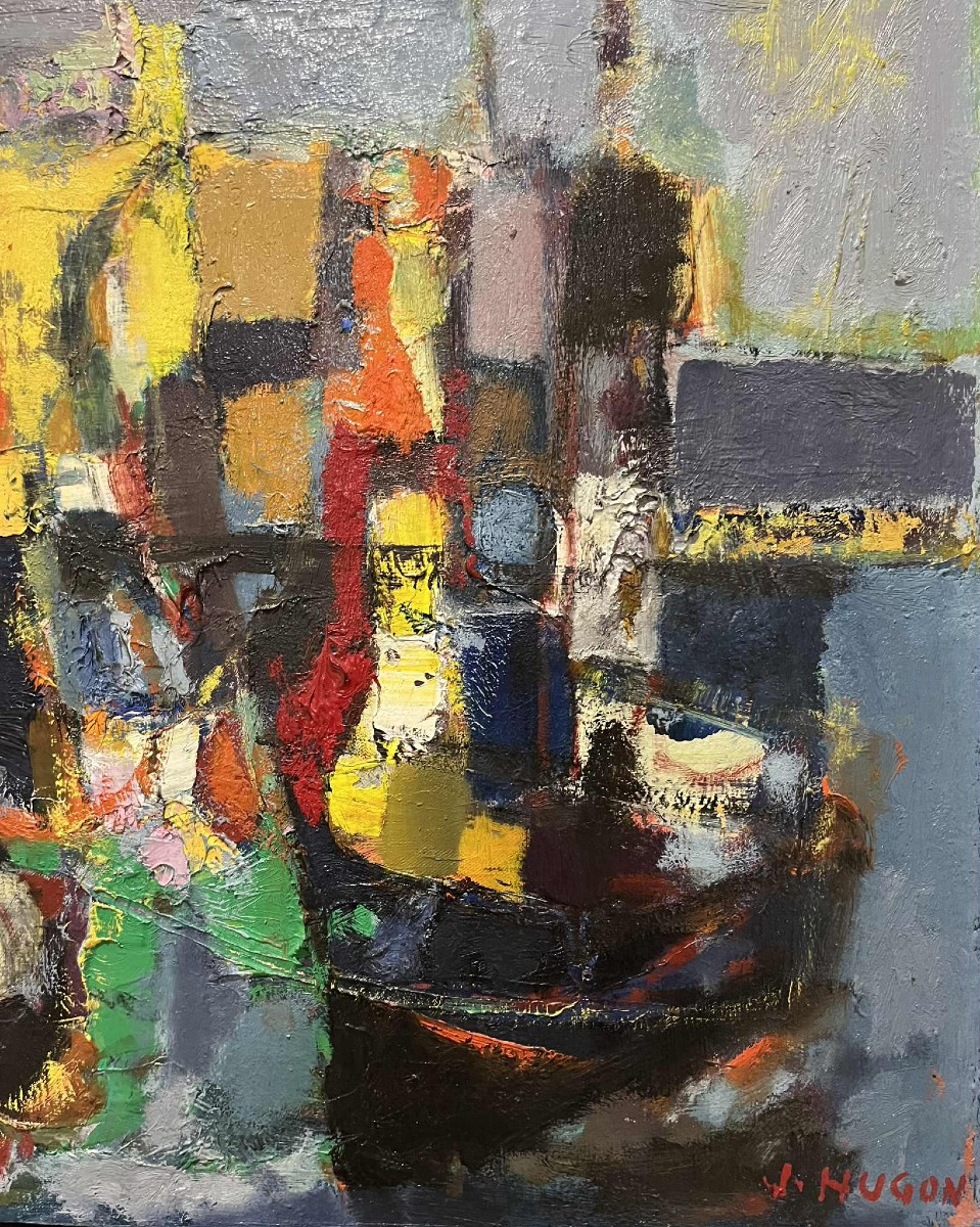 Jean HUGON (1919 – 1990) Peintre Bordelais Remorqueurs à La Rochelle (1963) HST SBD 50 x 61 cm-photo-3