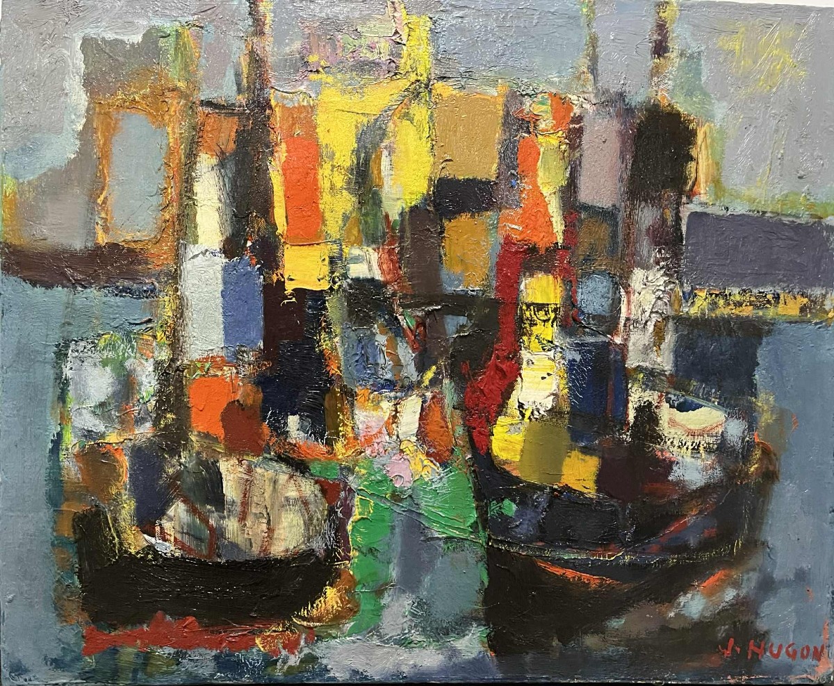 Jean HUGON (1919 – 1990) Peintre Bordelais Remorqueurs à La Rochelle (1963) HST SBD 50 x 61 cm