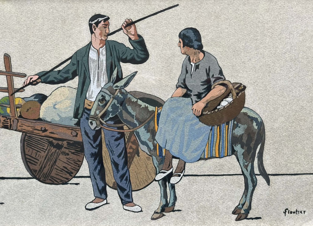 Louis FLOUTIER (1882 - 1936)  Bouvier et attelage - Pays basque - Gouache / pochoir 22 x 62  cm-photo-2