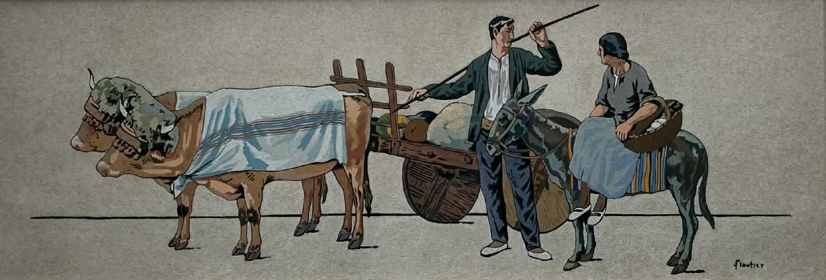 Louis FLOUTIER (1882 - 1936)  Bouvier et attelage - Pays basque - Gouache / pochoir 22 x 62  cm